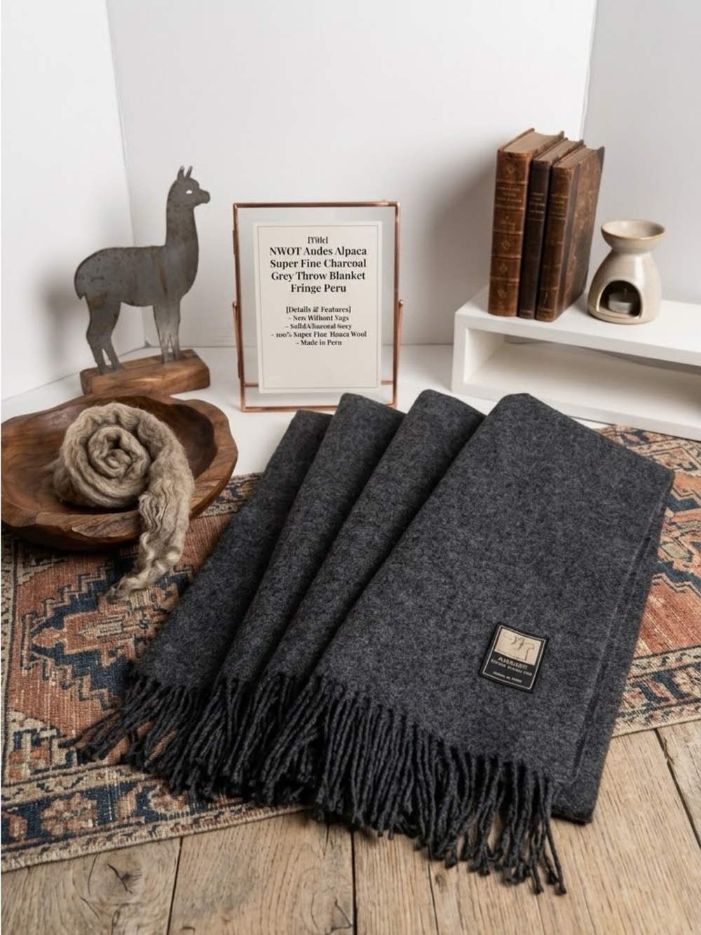 Andes 100% Super Fine Alpaca Throw Blanket Charcoal Gray Fringe Peru